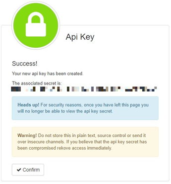 Created API key and associated secret